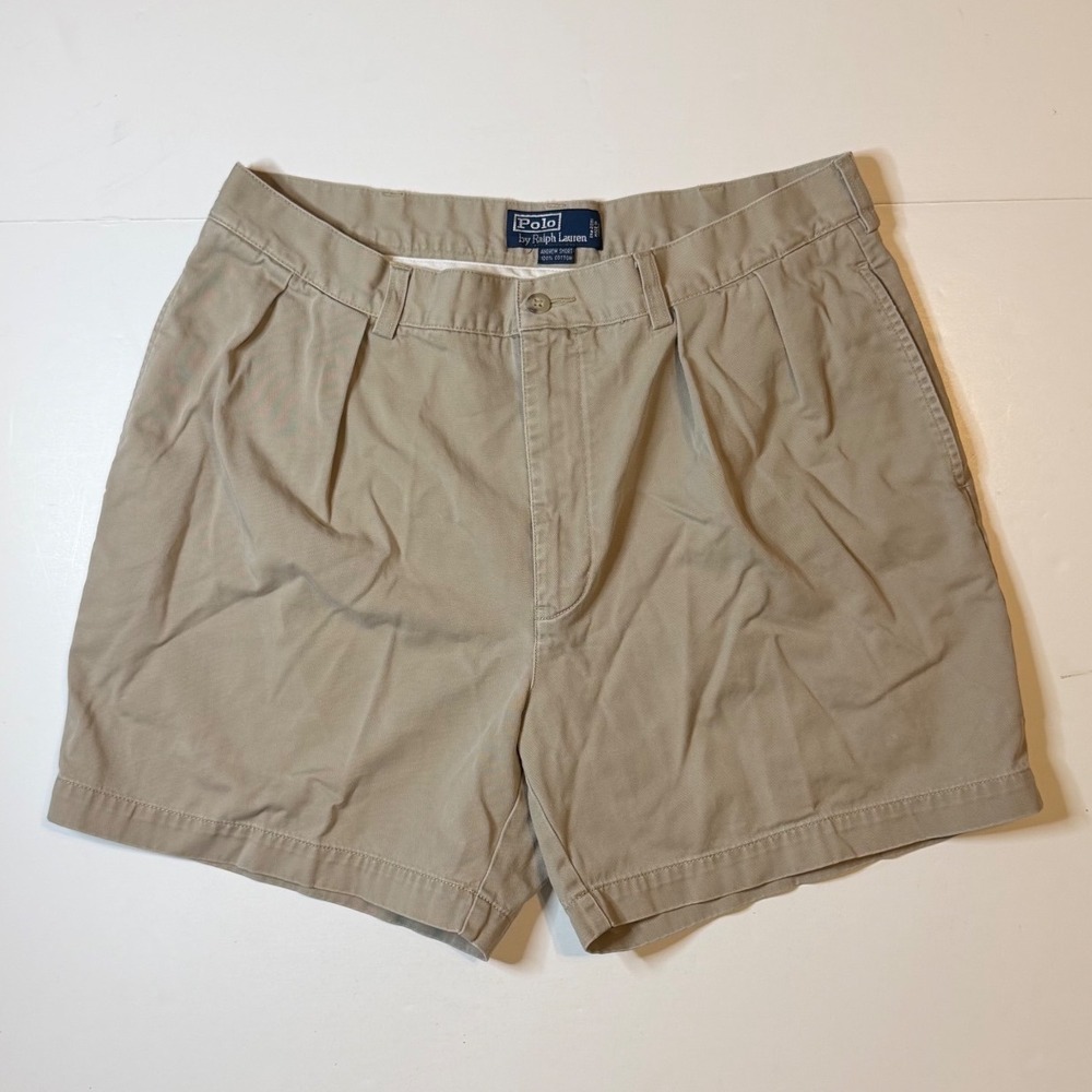 Vintage Polo Ralph Lauren Andrew Shorts Mens 35 Pleated Khaki Tan Cotton Chino